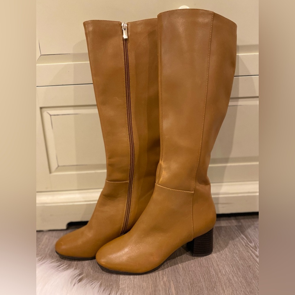 Joie Racquel Cognac Knee-High Tan Leather Block Heel Boots